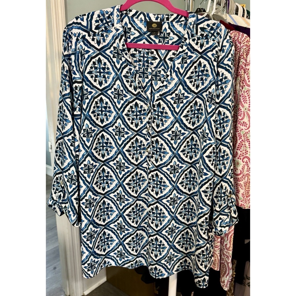 JM Collection Blue And White 3/4 Sleeve Blouse Buttons Lightweight 3X